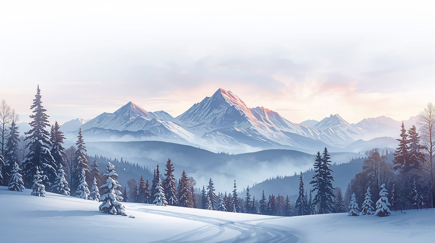 Painterly atmospheric Soft Blue snowy mountains featuring pine forest and misty valley - Wall Mural & Peel and Stick Wallpaper for Painterly Interiors and Premium Home Styling
