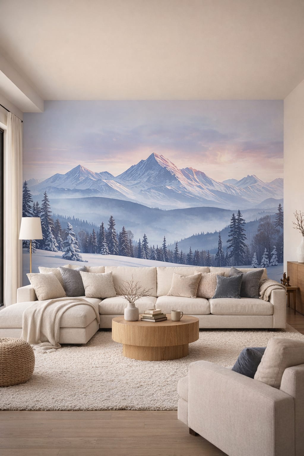 Cream-toned organic snowy mountains featuring pine forest - Wall Mural Peel and Stick Wallpaper for Organic Modern Living Room.