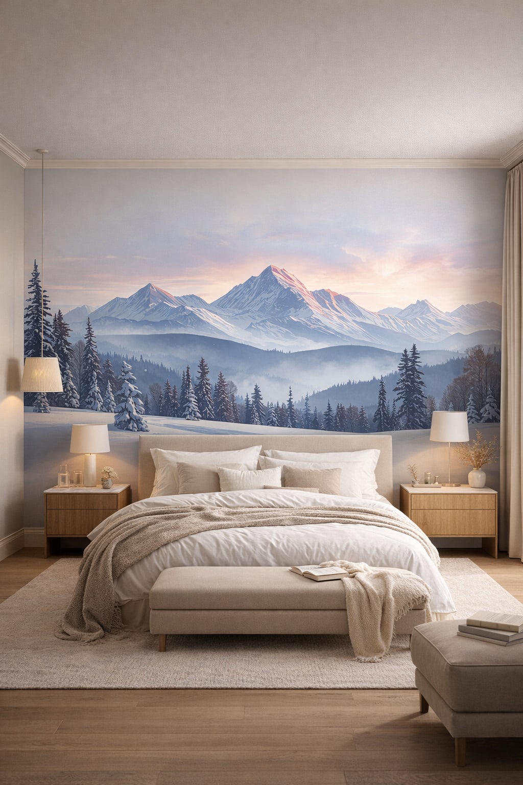 Greige refined snowy mountains featuring pine forest - Wall Mural Peel and Stick Wallpaper for Quiet Luxury Master Bedroom