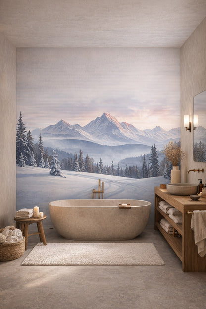 Wabi-sabi muted-earth snowy mountains featuring misty valley - Wall Mural Peel and Stick Wallpaper for Wabi-sabi Luxury Bathroom.