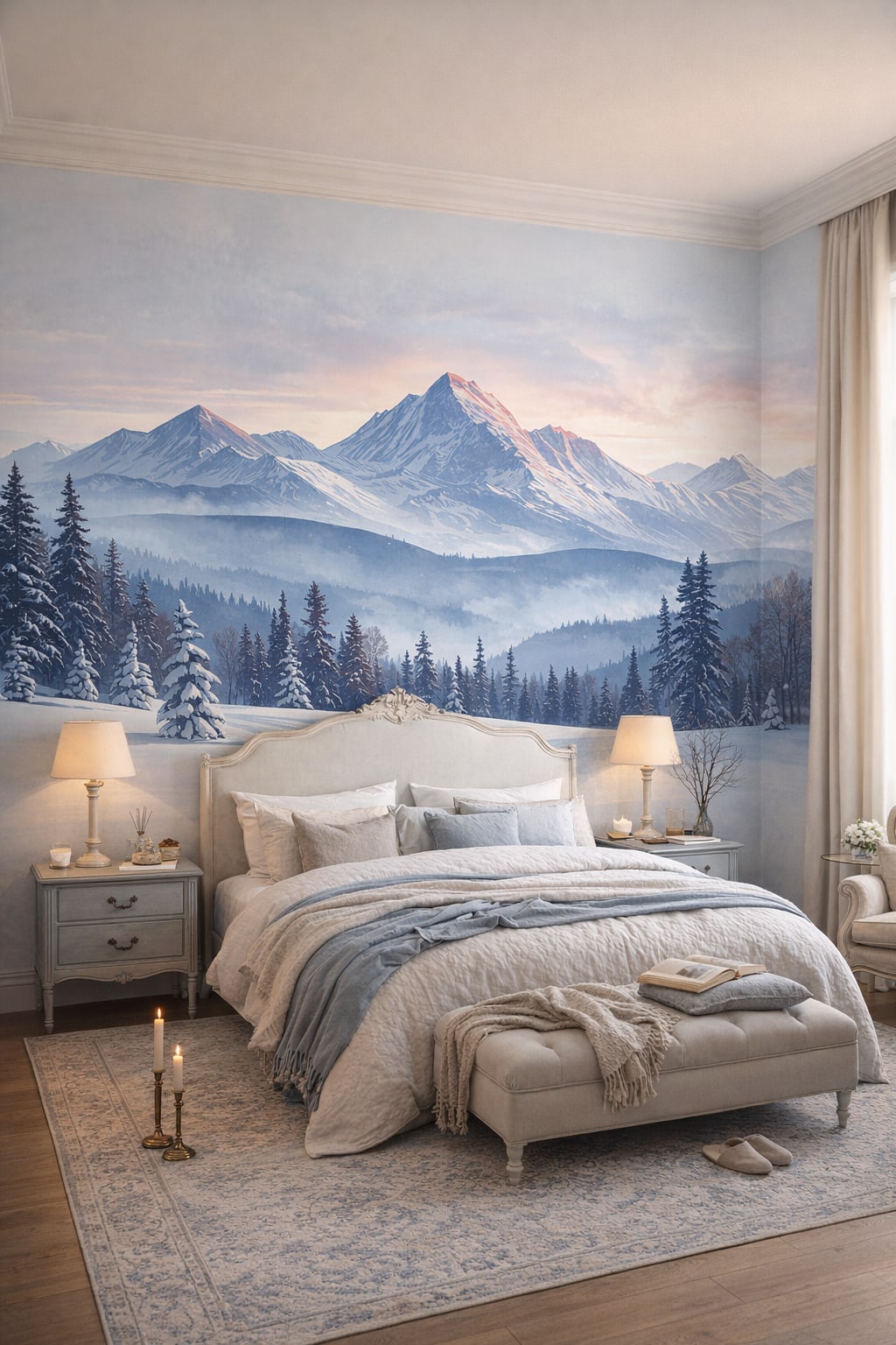 Gustavian bluish gray snowy mountains featuring pine forest - Wall Mural Peel and Stick Wallpaper for Gustavian (Swedish) Guest Bedroom.