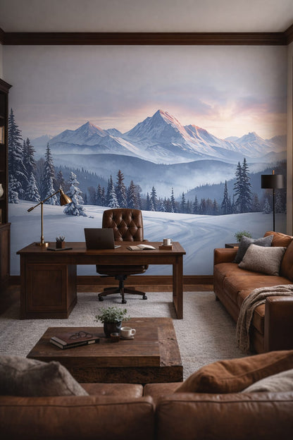 Rustic charcoal snowy mountains featuring pine forest - Wall Mural Peel and Stick Wallpaper for Rustic Modern Executive Home Office.