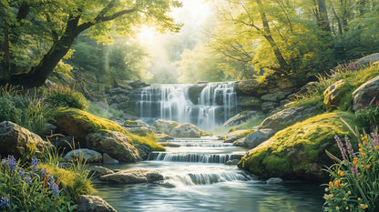 Luminous serene Green waterfall featuring forest landscape, wildflowers, and sunbeams - Wall Mural & Peel and Stick Wallpaper for Painterly Interiors and Premium Home Styling