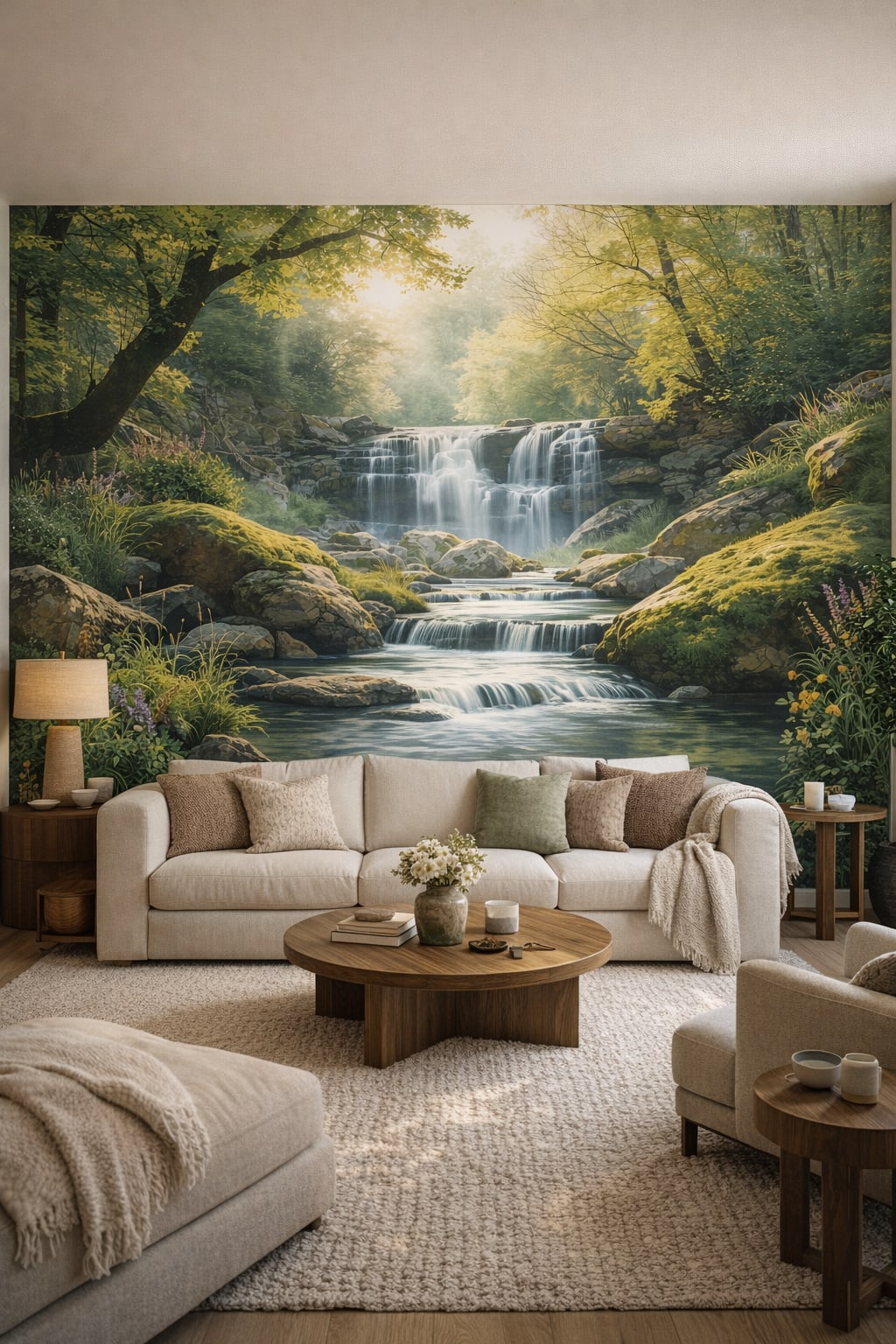 Cream-toned Organic Modern waterfall featuring sunbeams - Wall Mural Peel and Stick Wallpaper for Organic Modern Living Room