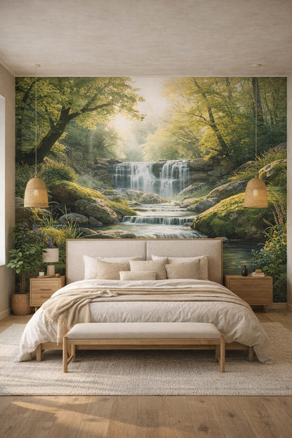 Japandi sand waterfall featuring sunbeams - Wall Mural Peel and Stick Wallpaper for Japandi Master Bedroom