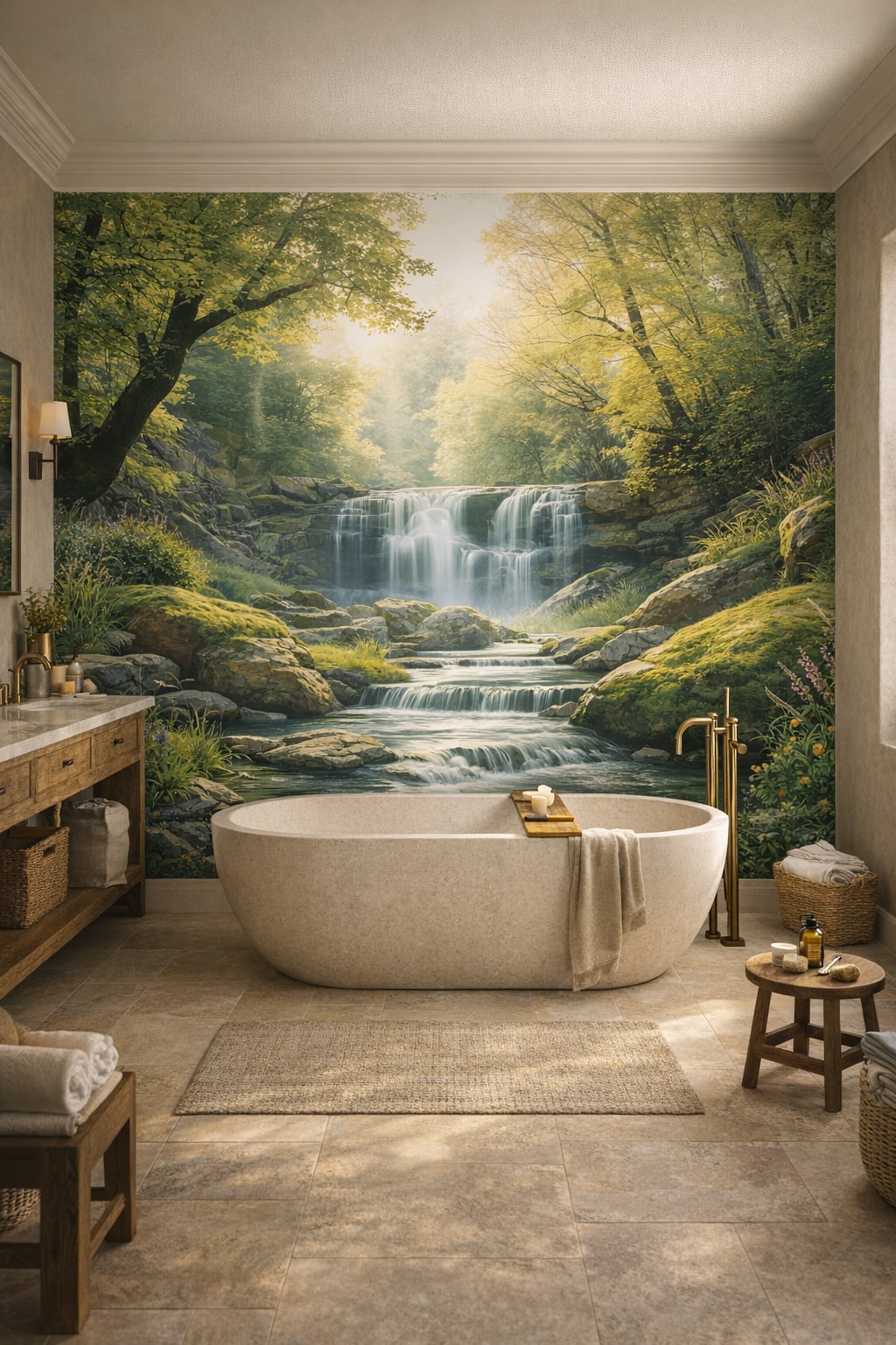Rustic Modern sand-toned waterfall featuring sunbeams - Wall Mural Peel and Stick Wallpaper for Rustic Modern Luxury Bathroom.