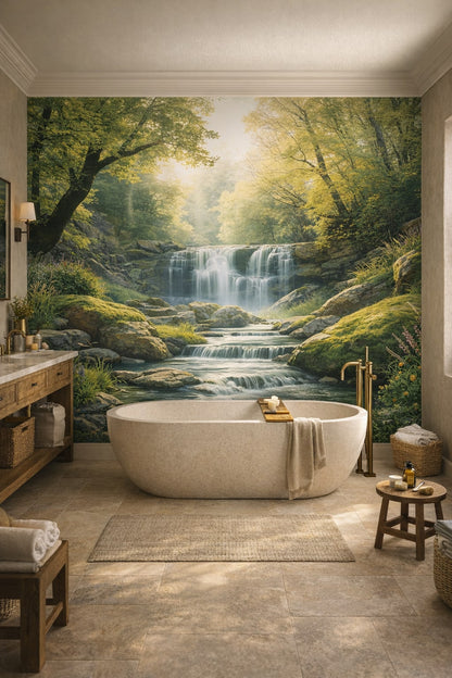Rustic Modern sand-toned waterfall featuring sunbeams - Wall Mural Peel and Stick Wallpaper for Rustic Modern Luxury Bathroom.