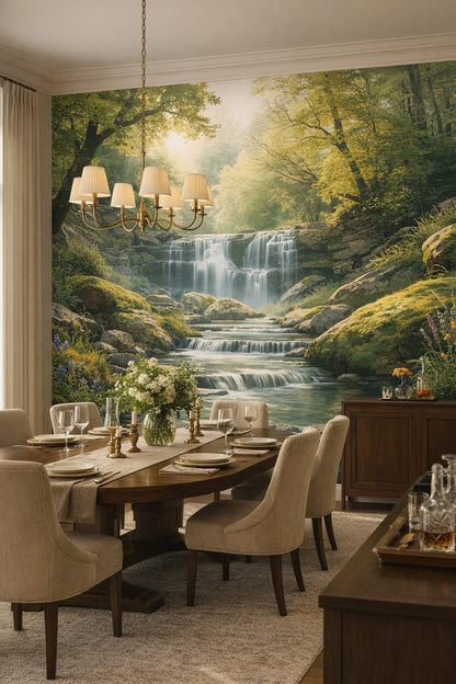 Cream-toned classic waterfall featuring sunbeams - Wall Mural Peel and Stick Wallpaper for Modern Classic Formal Dining Room.