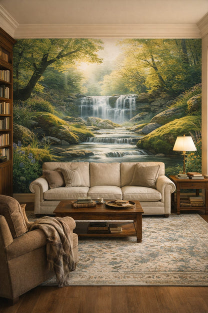 Cream academic waterfall featuring forest landscape - Wall Mural Peel and Stick Wallpaper for Light Academia Home Library.