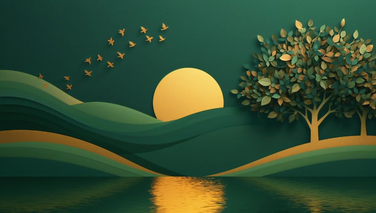 Calming minimalist Deep Green sunset landscape featuring rolling hills and flying birds - Wall Mural & Peel and Stick Wallpaper for Minimalist Interiors and Premium Home Styling.