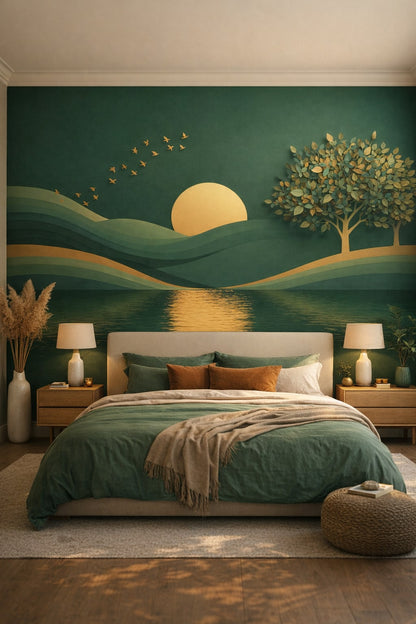 Zen neutral sunset landscape featuring flying birds - Wall Mural Peel and Stick Wallpaper for Zen Master Bedroom.