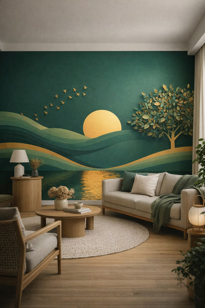 Japandi minimalist sand-charcoal sunset landscape featuring flying birds - Wall Mural Peel and Stick Wallpaper for Japandi Living Room.