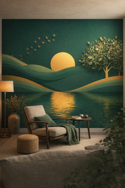 Wabi-sabi minimal, muted earth-tone sunset landscape featuring flying birds - Wall Mural Peel and Stick Wallpaper for Wabi-sabi Reading Corner.