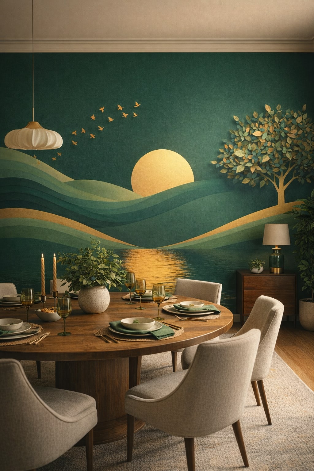 Cream olive Organic Modern sunset landscape featuring flying birds - Wall Mural Peel and Stick Wallpaper for Organic Modern Formal Dining Room.