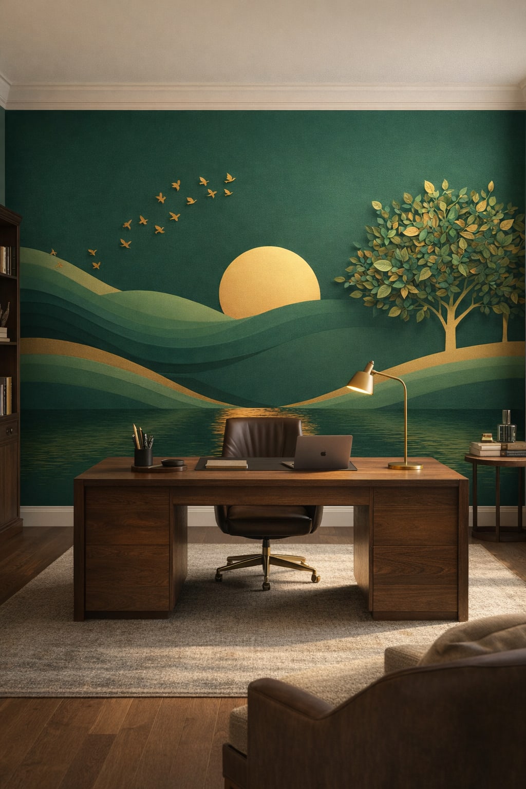 Quiet Luxury greige sunset landscape featuring rolling hills - Wall Mural Peel and Stick Wallpaper for Quiet Luxury Executive Home Office.