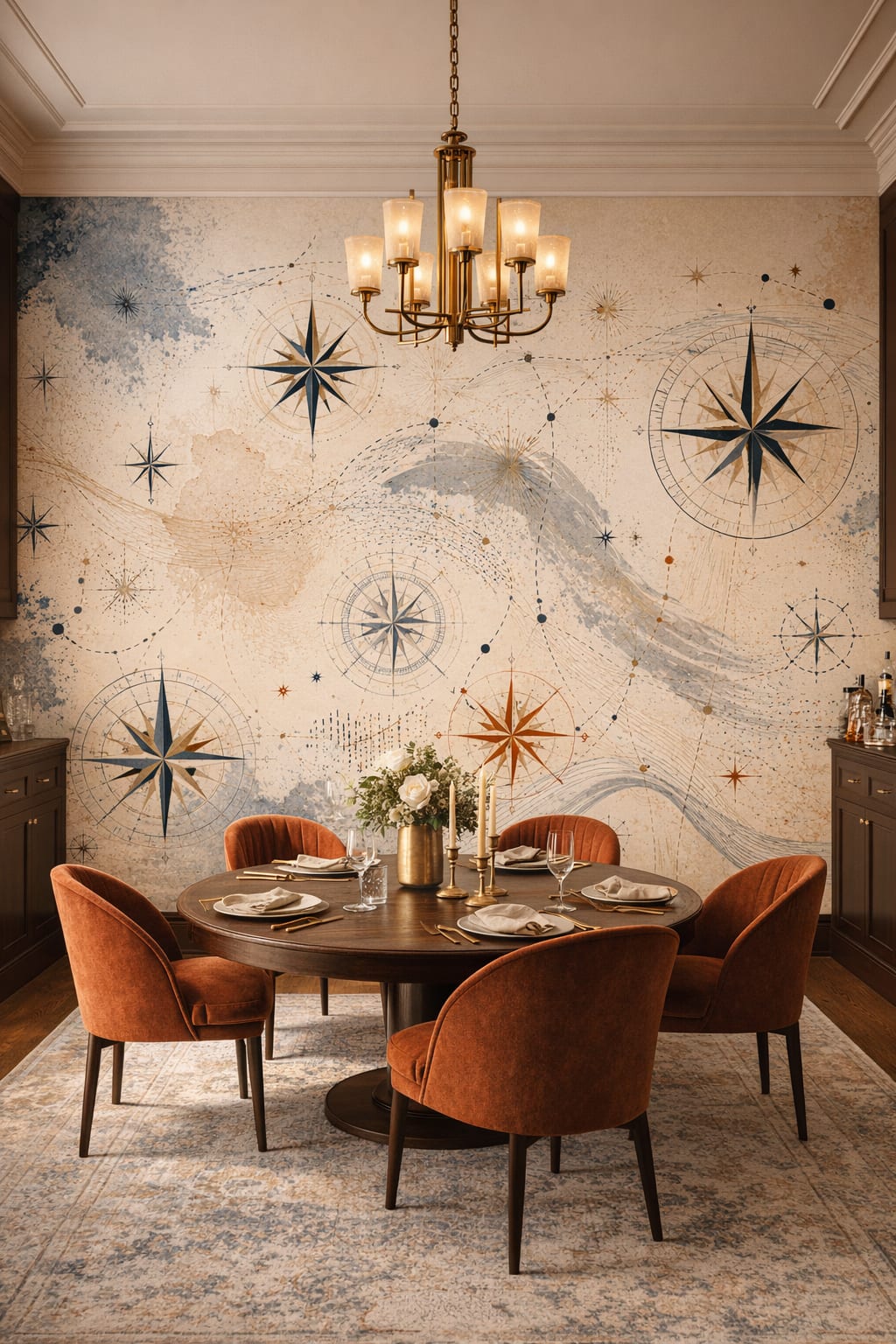 Art Deco black-gold compass roses featuring celestial symbols - Wall Mural Peel and Stick Wallpaper for Art Deco Formal Dining Room.