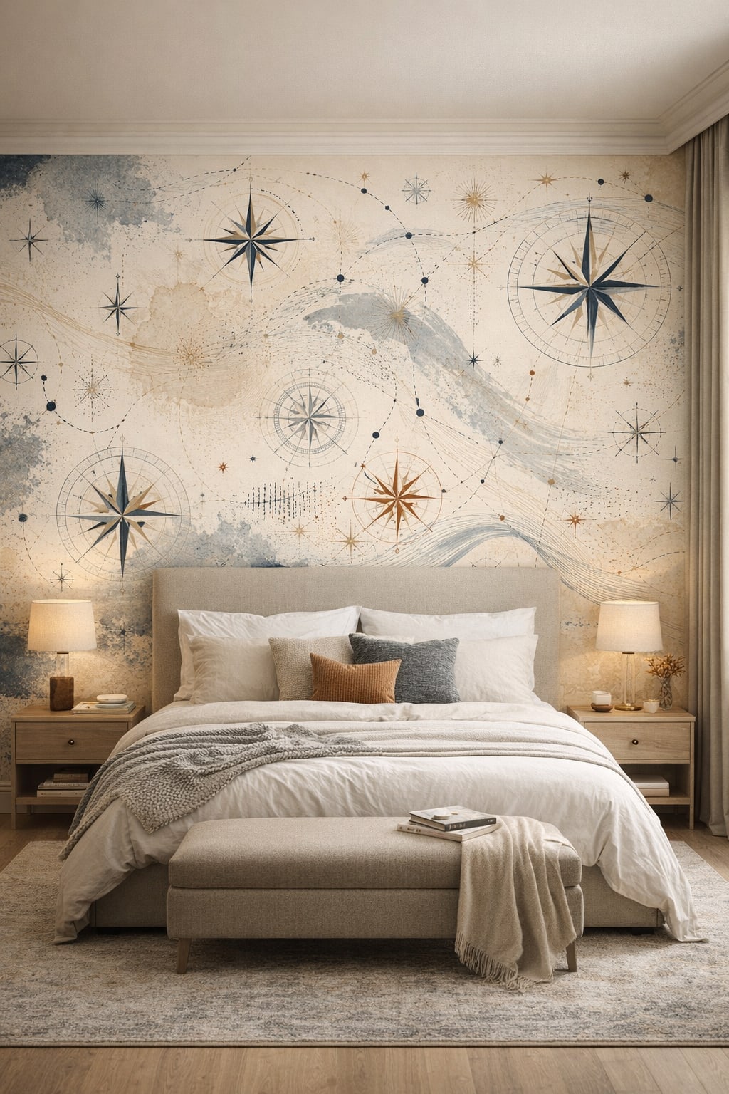 Quiet Luxury Greige compass roses featuring navigation routes - Wall Mural Peel and Stick Wallpaper for Quiet Luxury Master Bedroom.