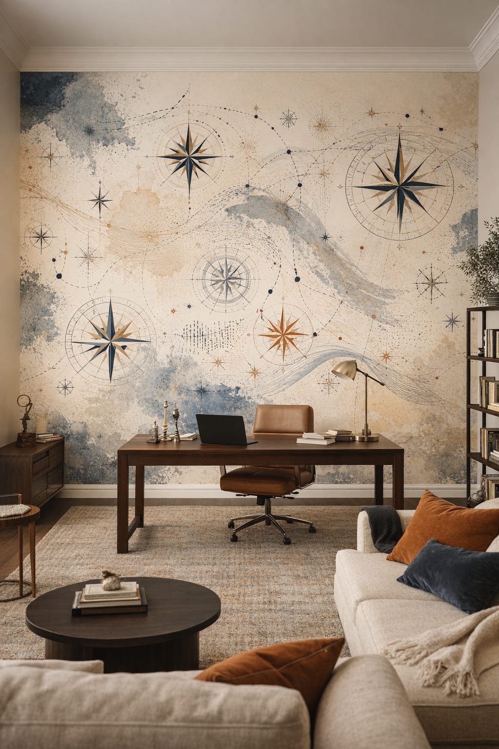 Modern black-and-white compass roses featuring celestial symbols - Wall Mural Peel and Stick Wallpaper for Modern (Modernist) Executive Home Office.