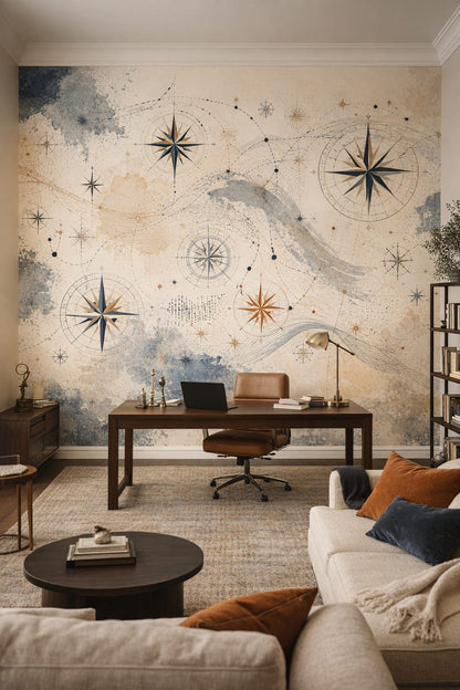 Modern black-and-white compass roses featuring celestial symbols - Wall Mural Peel and Stick Wallpaper for Modern (Modernist) Executive Home Office.
