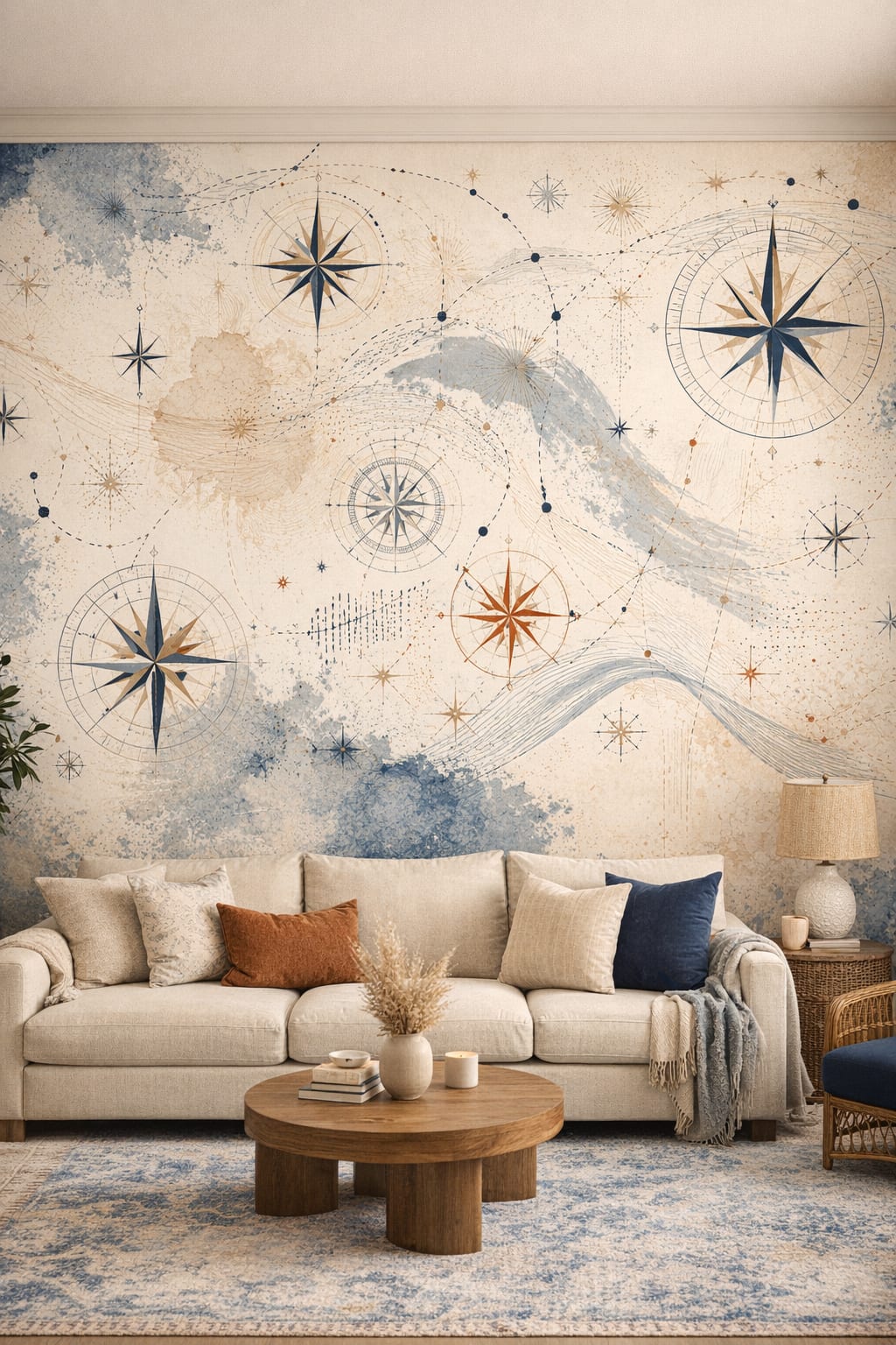 Blue sand Coastal compass roses featuring celestial symbols - Wall Mural Peel and Stick Wallpaper for Coastal Living Room.