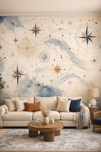 Blue sand Coastal compass roses featuring celestial symbols - Wall Mural Peel and Stick Wallpaper for Coastal Living Room.