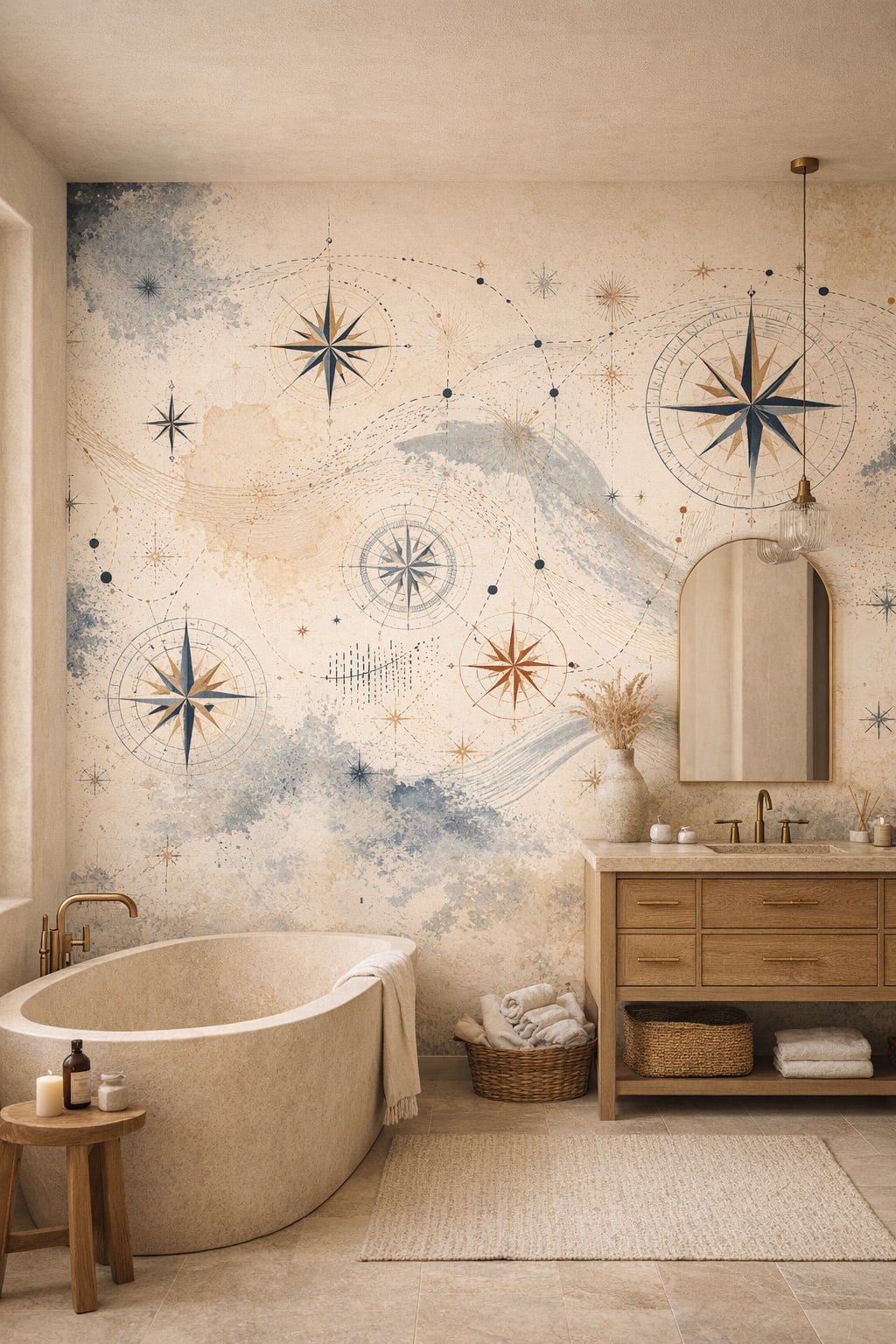 Sand-and-blue Mediterranean Modern compass roses featuring navigation routes - Wall Mural Peel and Stick Wallpaper for Mediterranean Modern Luxury Bathroom.