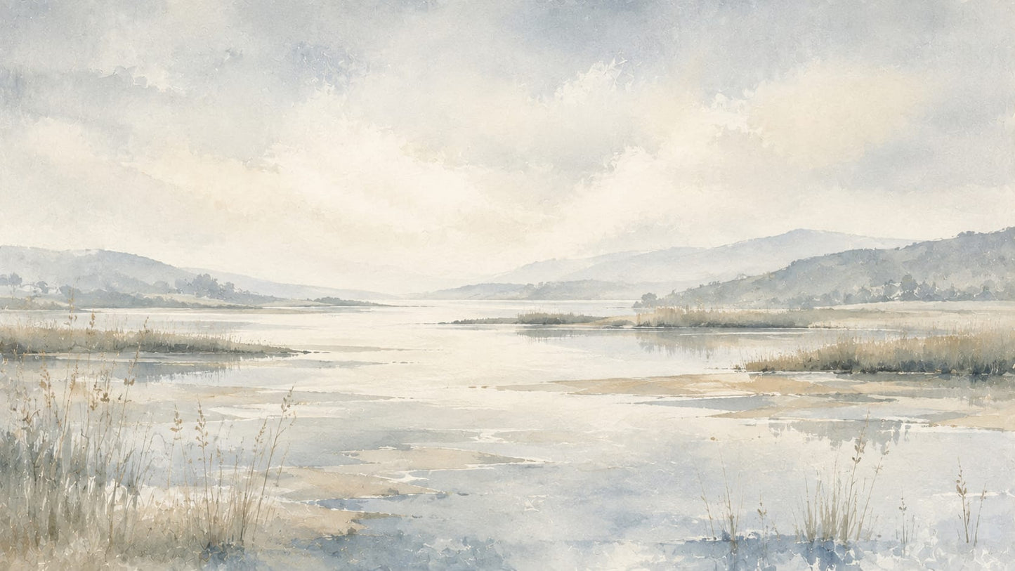 Serene airy Pale Blue lakeside landscape featuring mountain range and marsh reeds - Wall Mural & Peel and Stick Wallpaper for Watercolor Interiors and Premium Home Styling