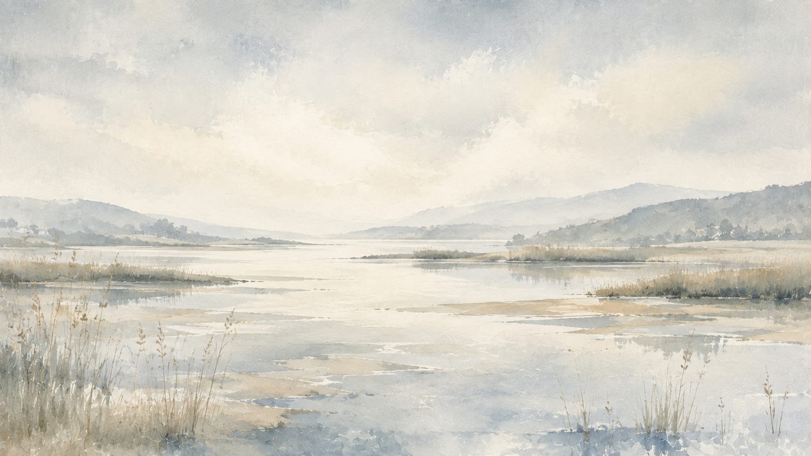 Serene airy Pale Blue lakeside landscape featuring mountain range and marsh reeds - Wall Mural & Peel and Stick Wallpaper for Watercolor Interiors and Premium Home Styling