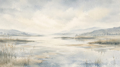 Serene airy Pale Blue lakeside landscape featuring mountain range and marsh reeds - Wall Mural & Peel and Stick Wallpaper for Watercolor Interiors and Premium Home Styling