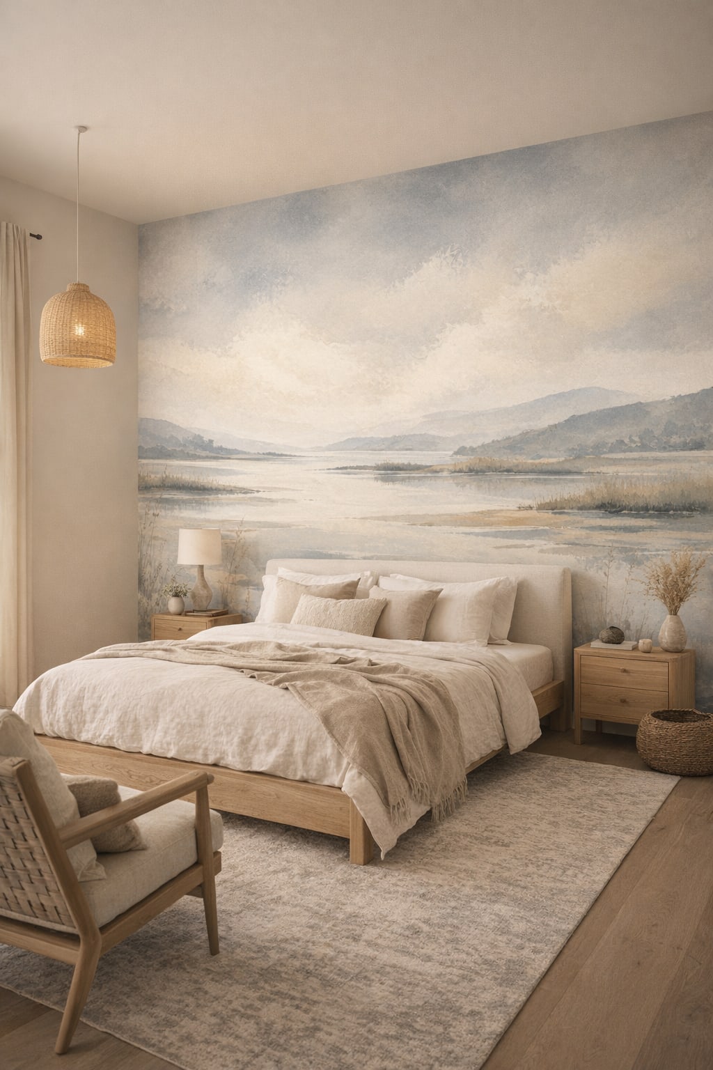 Japandi sand-toned lakeside landscape featuring mountain range - Wall Mural Peel and Stick Wallpaper for Japandi Master Bedroom.