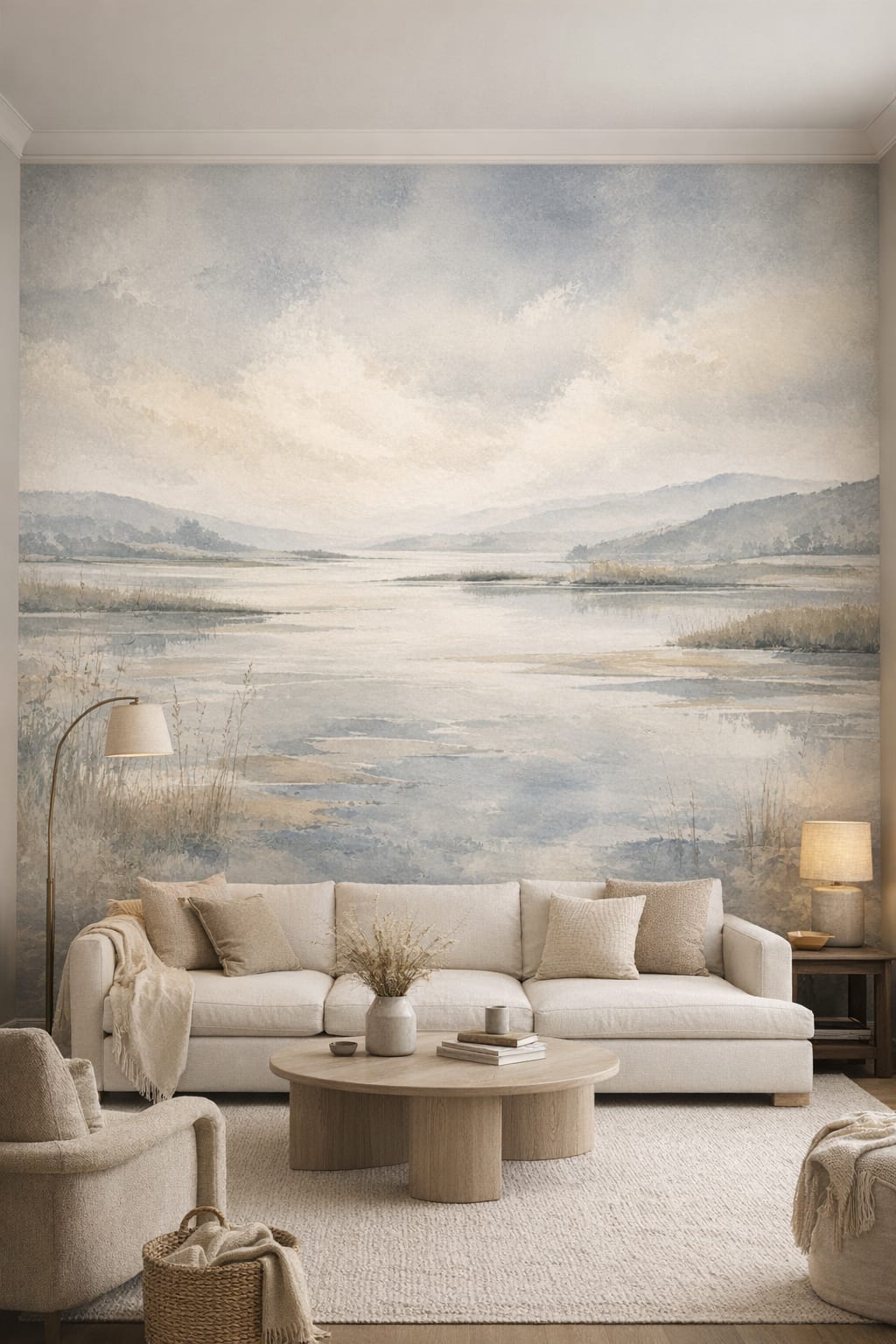 Organic Modern Cream lakeside landscape featuring mountain range - Wall Mural Peel and Stick Wallpaper for Organic Modern Living Room.