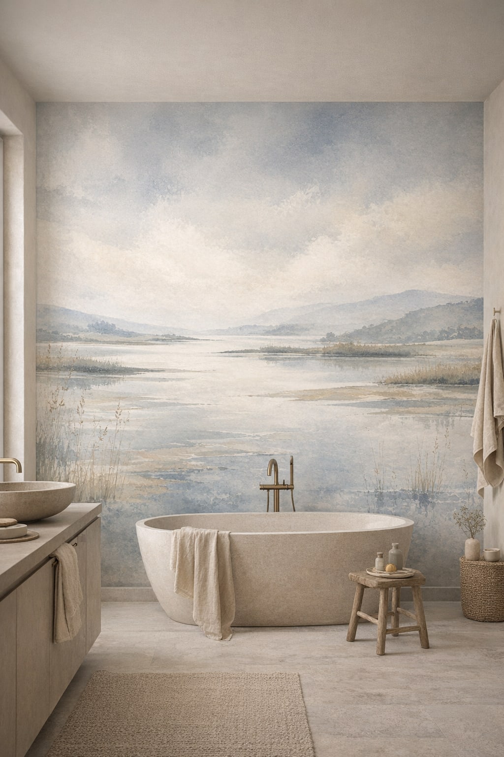 Wabi-sabi muted-earth lakeside landscape featuring mountain range - Wall Mural Peel and Stick Wallpaper for Wabi-sabi Luxury Bathroom.
