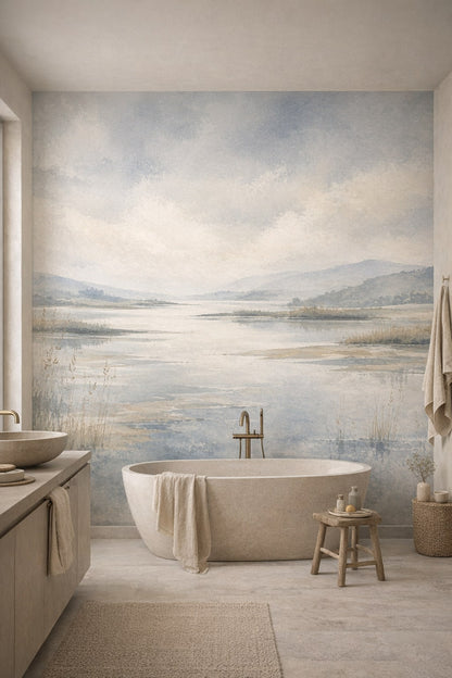 Wabi-sabi muted-earth lakeside landscape featuring mountain range - Wall Mural Peel and Stick Wallpaper for Wabi-sabi Luxury Bathroom.