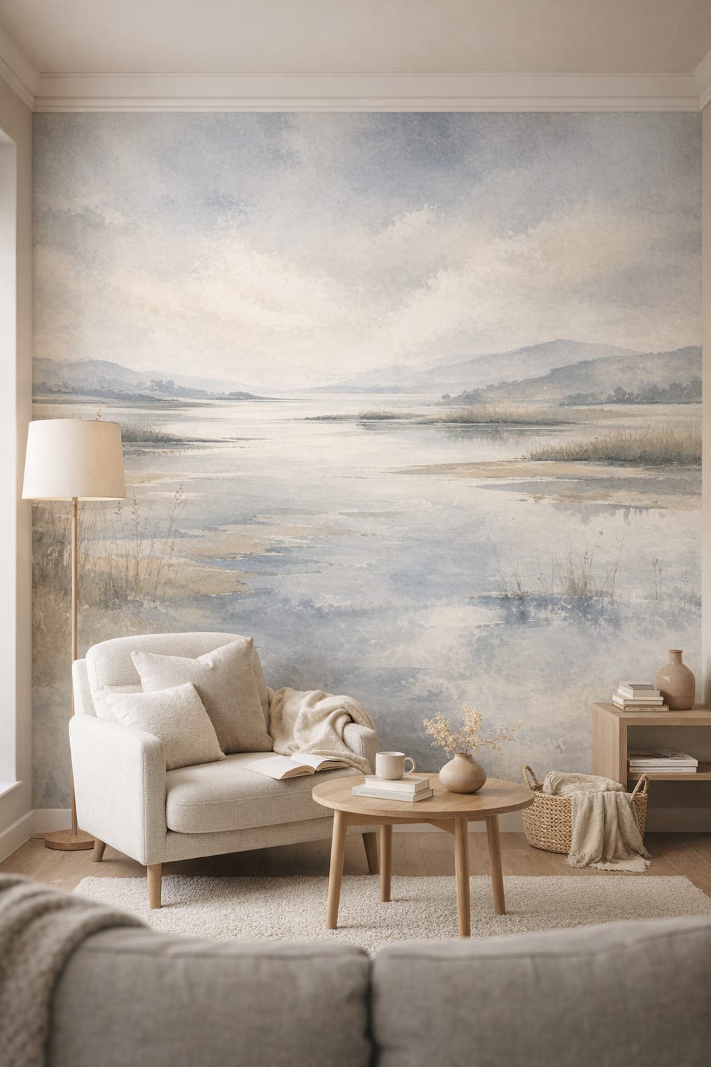 White gray Scandinavian lakeside landscape featuring mountain range - Wall Mural Peel and Stick Wallpaper for Scandinavian Reading Corner.