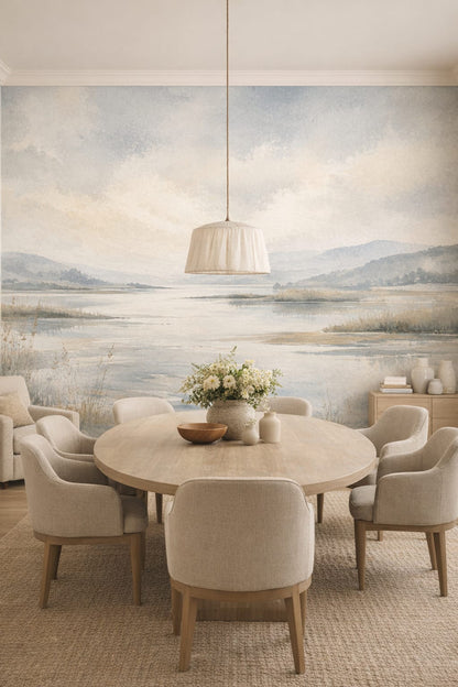 Blue sand Mediterranean Modern lakeside landscape featuring mountain range - Wall Mural Peel and Stick Wallpaper for Mediterranean Modern Formal Dining Room.