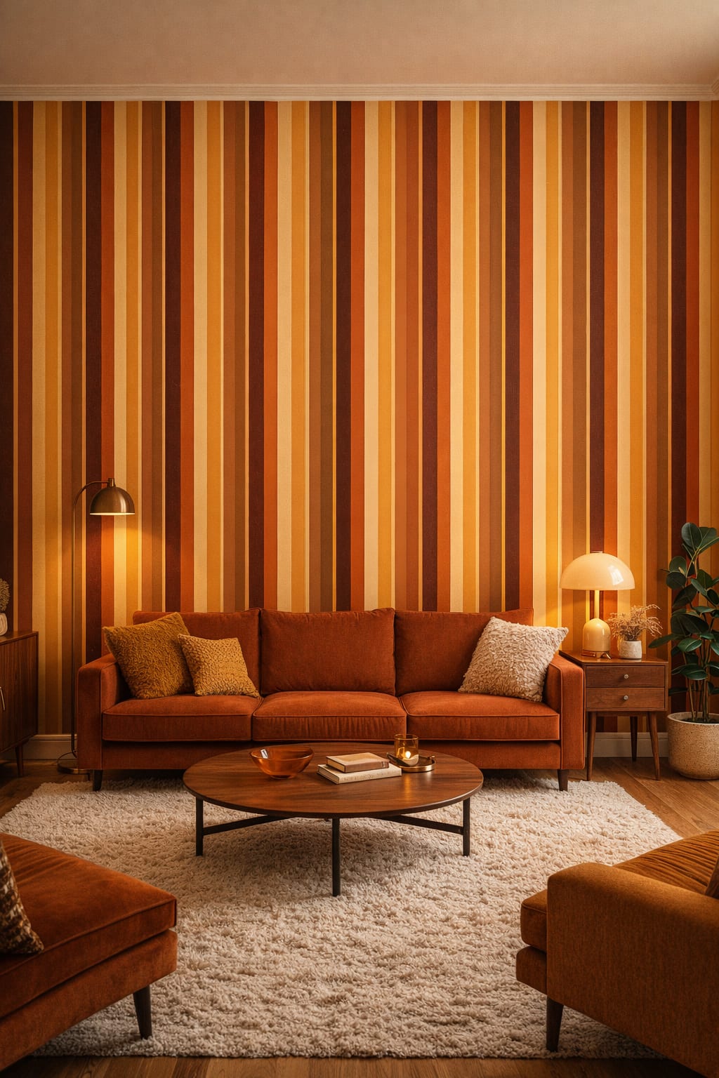 1970s Retro terracotta vertical stripes - Wall Mural Peel and Stick Wallpaper for 1970s Retro Living Room.