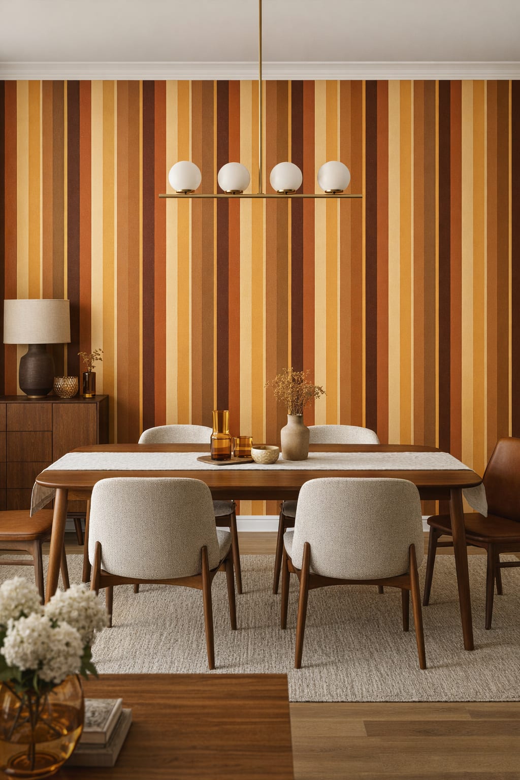 Mid-century Modern mustard vertical stripes - Wall Mural Peel and Stick Wallpaper for Mid-century Modern Dining Room.