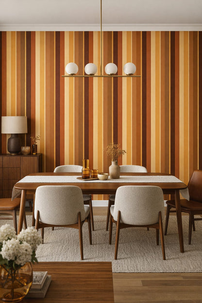Mid-century Modern mustard vertical stripes - Wall Mural Peel and Stick Wallpaper for Mid-century Modern Dining Room.