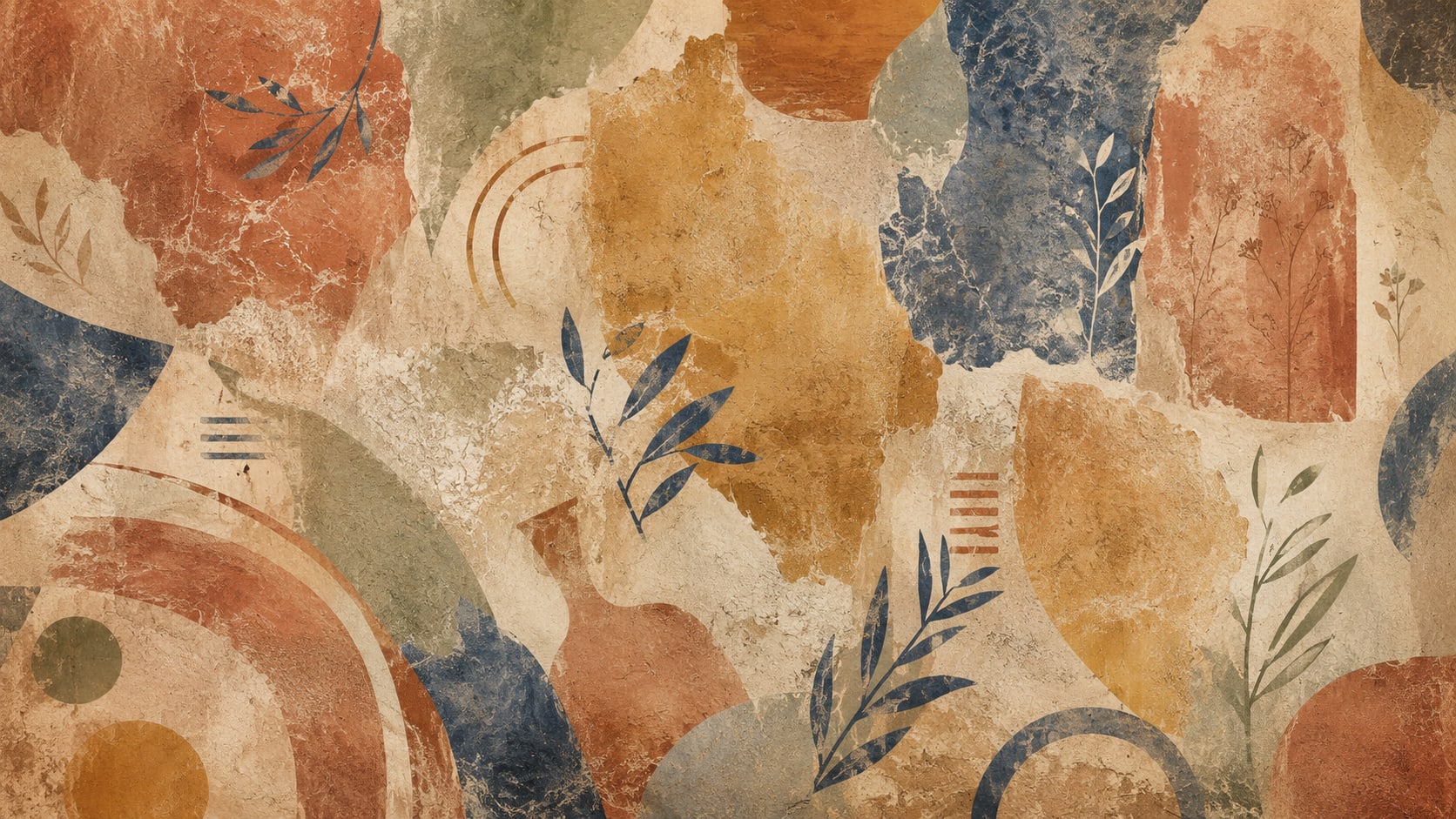 Textured Contemporary Terracotta geometric blocks featuring botanical sprigs - Wall Mural & Peel and Stick Wallpaper for Abstract Interiors and Premium Home Styling