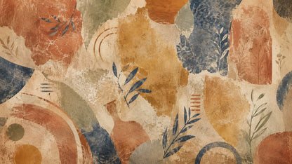 Textured Contemporary Terracotta geometric blocks featuring botanical sprigs - Wall Mural & Peel and Stick Wallpaper for Abstract Interiors and Premium Home Styling