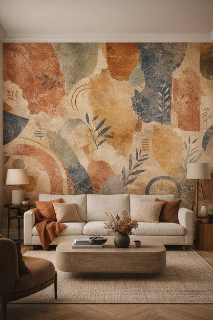 Luxury Contemporary neutral stone geometric blocks featuring botanical sprigs - Wall Mural Peel and Stick Wallpaper for Luxury Contemporary Living Room.