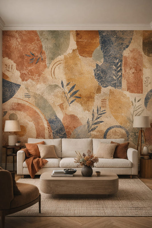 Luxury Contemporary neutral stone geometric blocks featuring botanical sprigs - Wall Mural Peel and Stick Wallpaper for Luxury Contemporary Living Room.