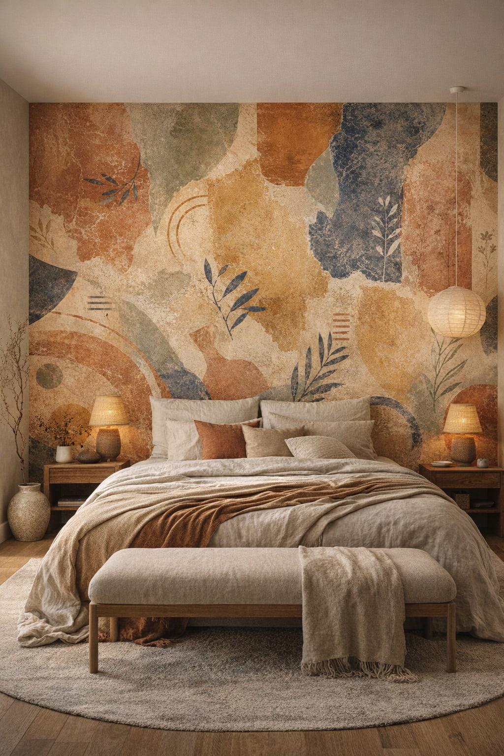 Wabi-sabi earth-toned geometric blocks featuring botanical sprigs - Wall Mural Peel and Stick Wallpaper for Wabi-sabi Master Bedroom.