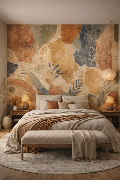 Wabi-sabi earth-toned geometric blocks featuring botanical sprigs - Wall Mural Peel and Stick Wallpaper for Wabi-sabi Master Bedroom.