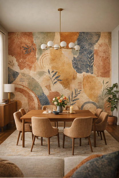 Mustard Mid-century Modern geometric blocks featuring botanical sprigs - Wall Mural Peel and Stick Wallpaper for Mid-century Modern Formal Dining Room.