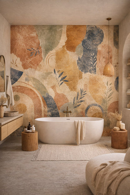 Desert Modern sand-clay geometric blocks featuring botanical sprigs - Wall Mural Peel and Stick Wallpaper for Desert Modern Luxury Bathroom.