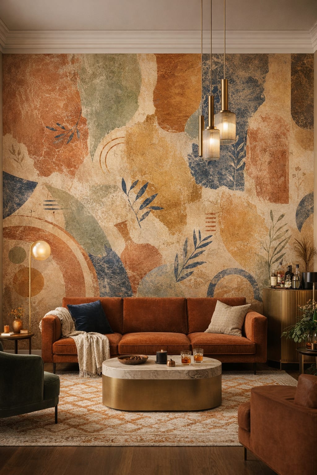 Art Deco black-gold geometric blocks featuring botanical sprigs - Wall Mural Peel and Stick Wallpaper for Art Deco Bar/Lounge.