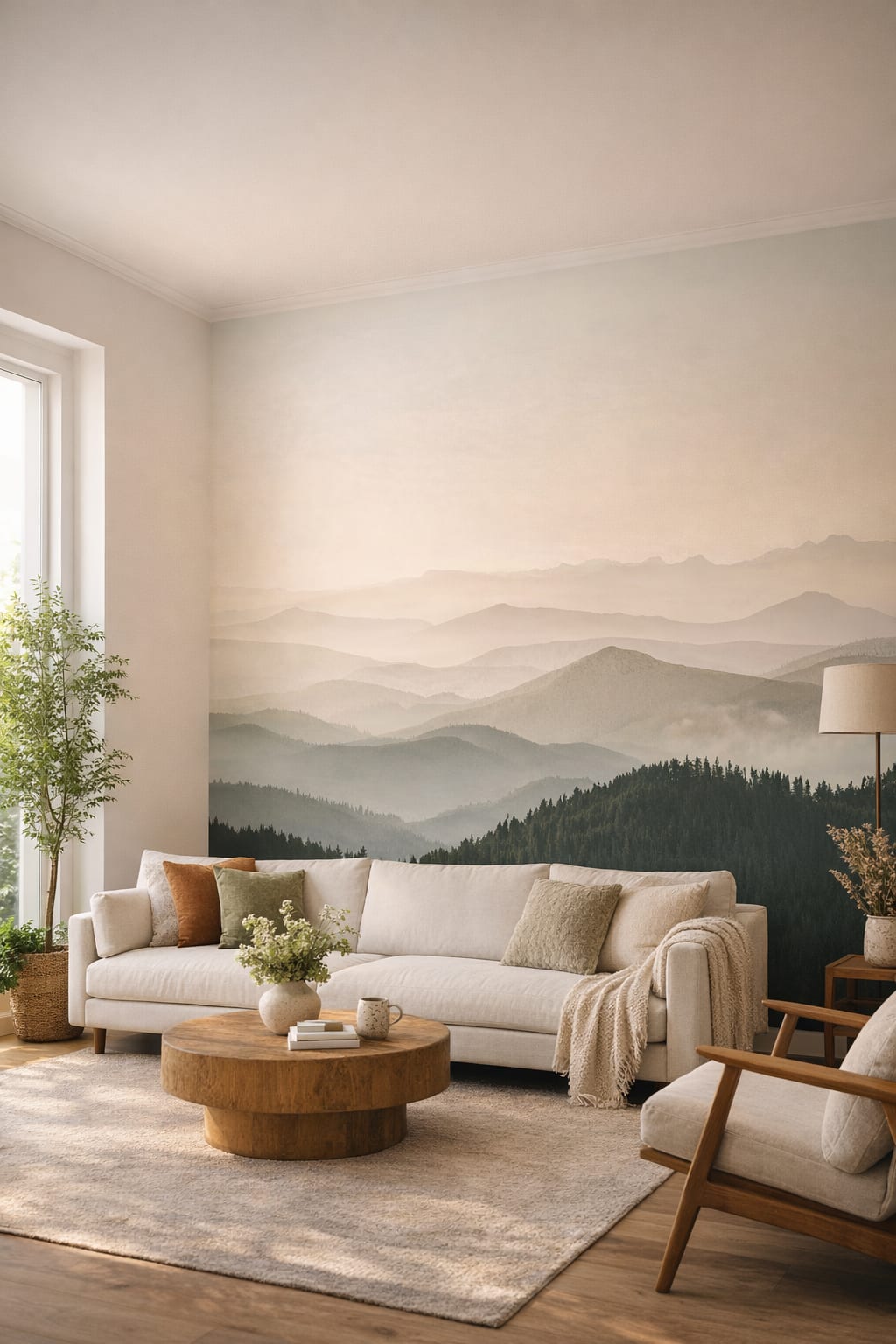 Organic neutral mountain landscape featuring morning mist - Wall Mural Peel and Stick Wallpaper for Biophilic Design Living Room.