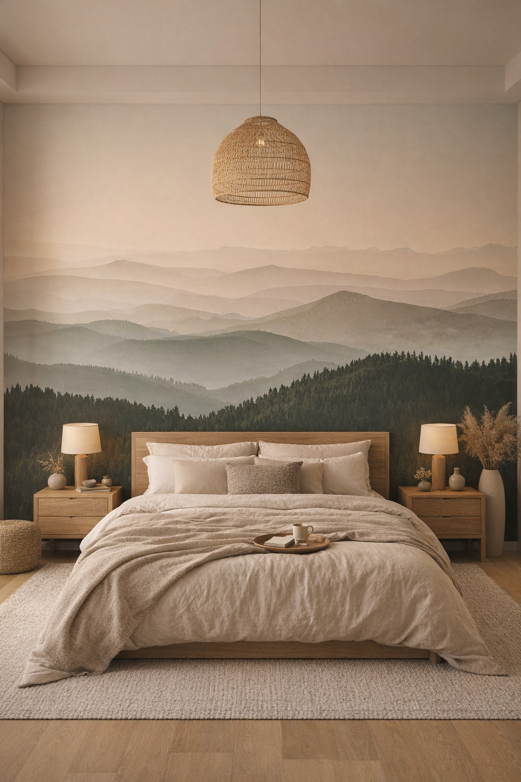 Japandi sand-toned mountain landscape featuring morning mist - Wall Mural Peel and Stick Wallpaper for Japandi Master Bedroom.