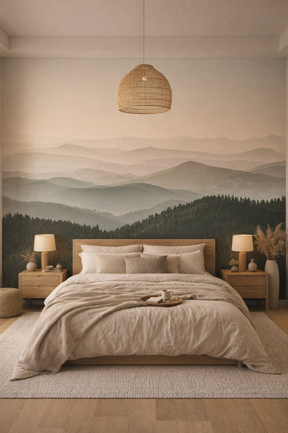 Japandi sand-toned mountain landscape featuring morning mist - Wall Mural Peel and Stick Wallpaper for Japandi Master Bedroom.